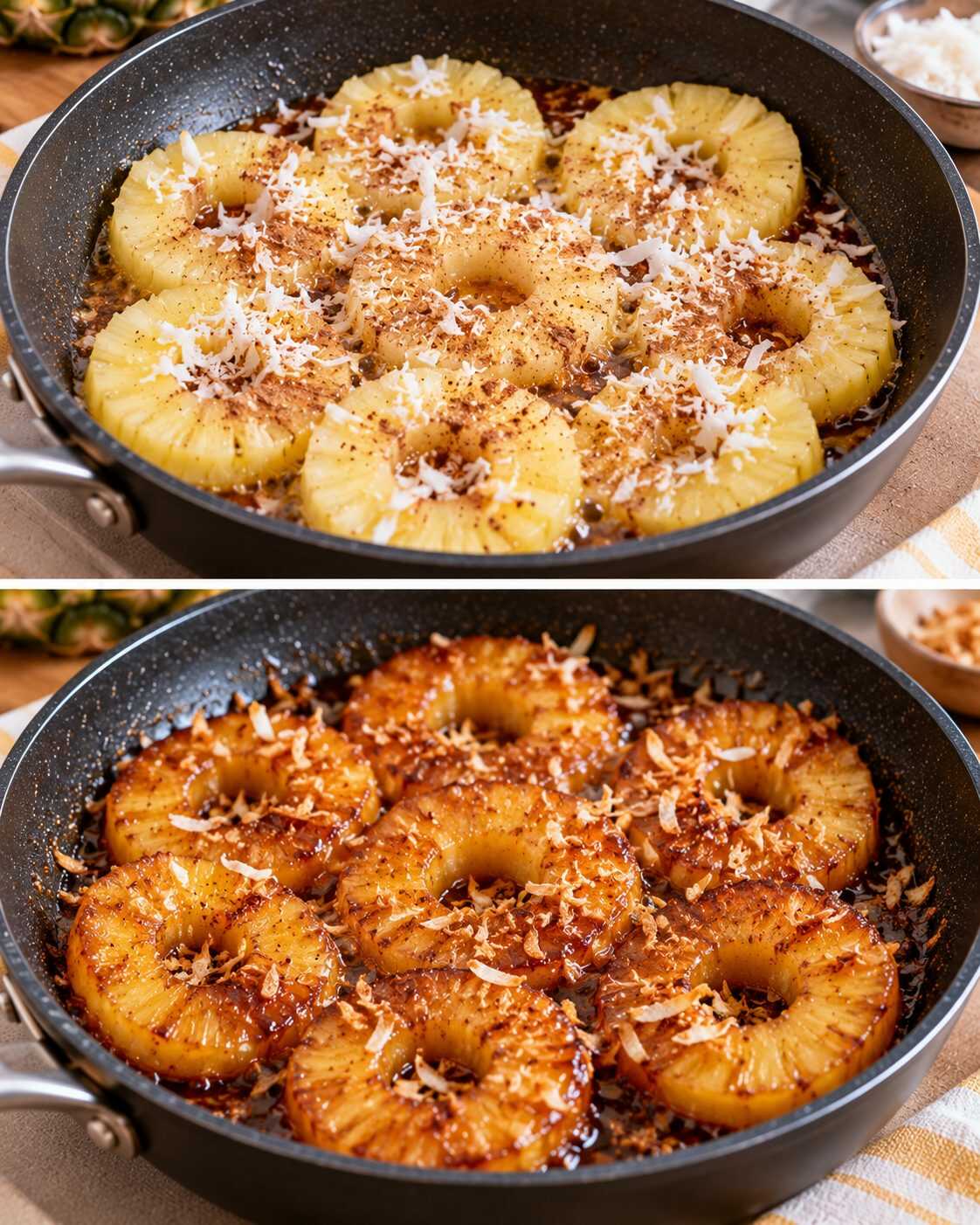 🍍 Piña caramelizada con canela y coco: un postre tropical caliente con pocos ingredientes y sin necesidad de preparar una masa