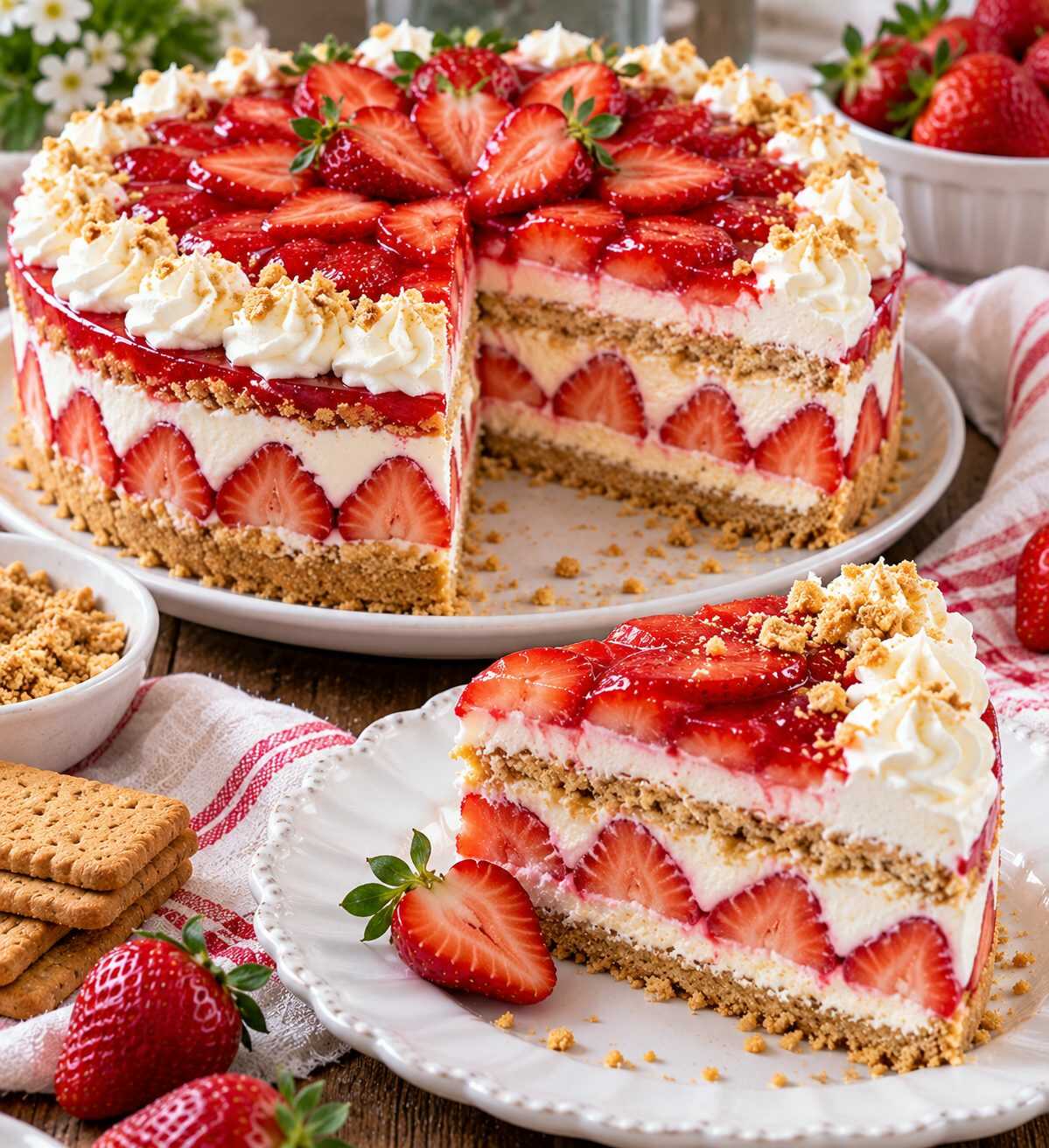 Tarta fría de fresas con crema: un postre primaveral de capas irresistibles, ideal para las reuniones familiares.