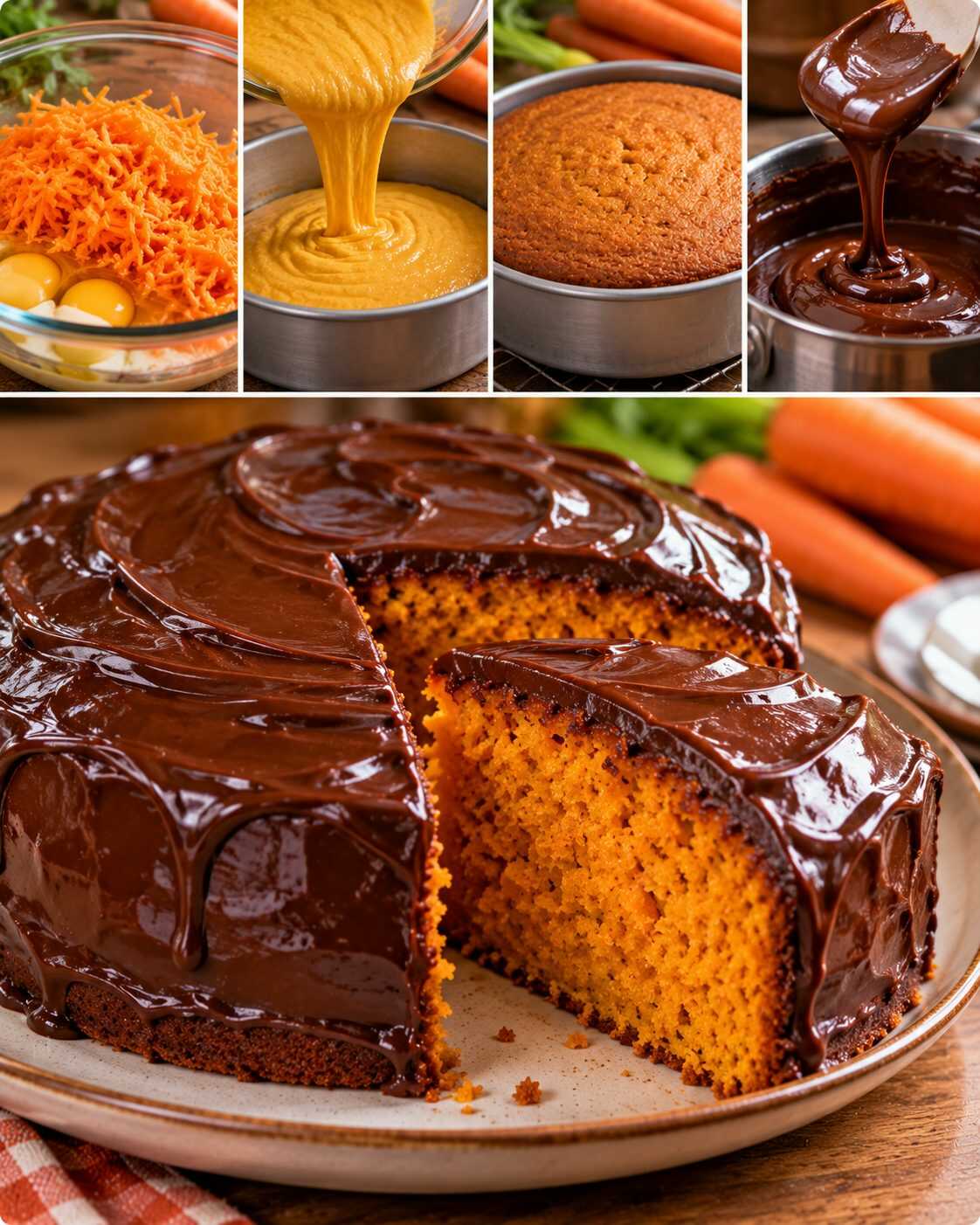 Pastel de zanahoria brasileño con cobertura de chocolate: esponjoso, de color intenso y con una capa brillante que lo hace irresistible.