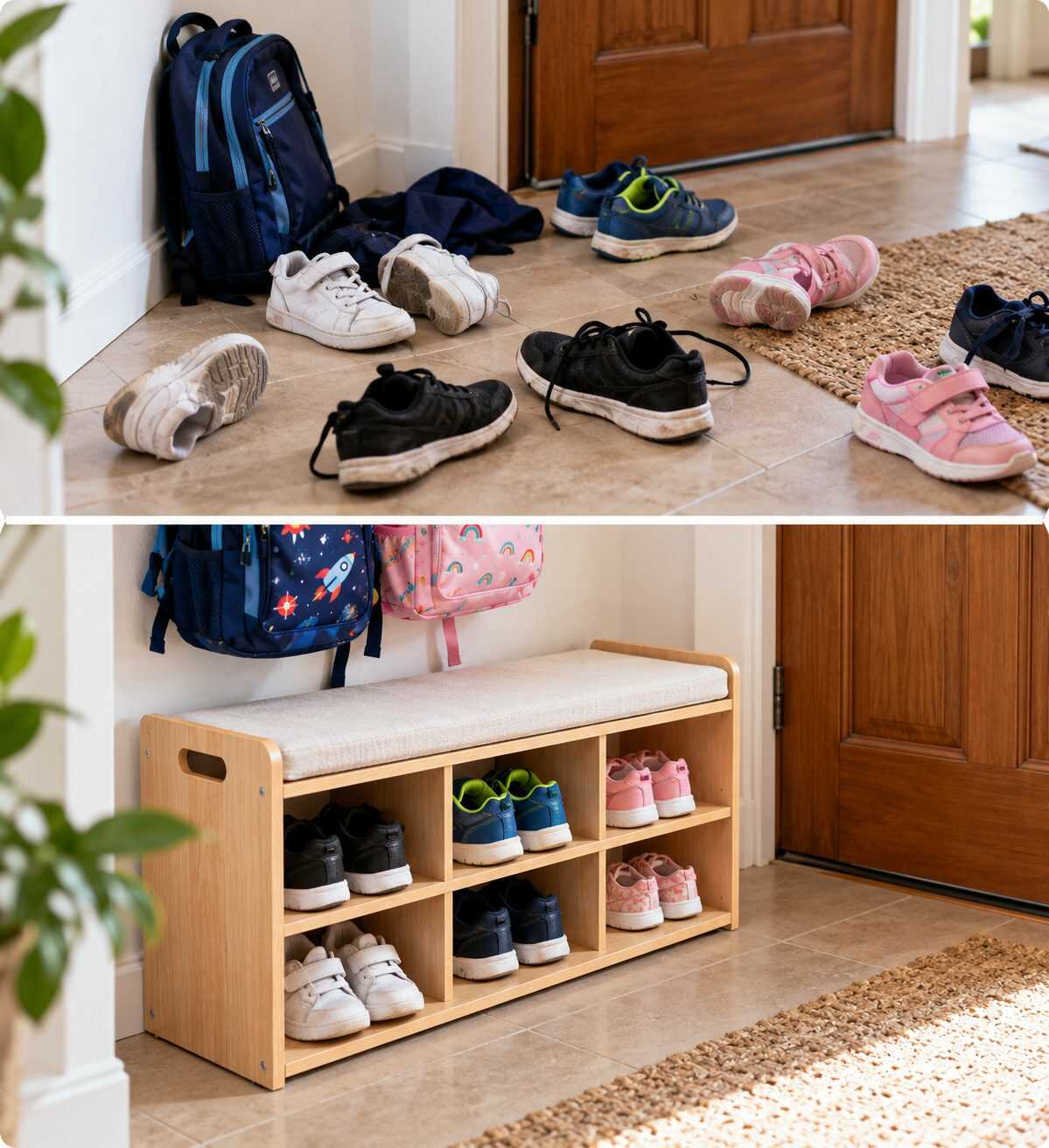 ¿Los niños dejan sus zapatos por toda la casa al llegar de la escuela? Crear un punto de llegada a su altura puede facilitar el hábito de guardarlos.