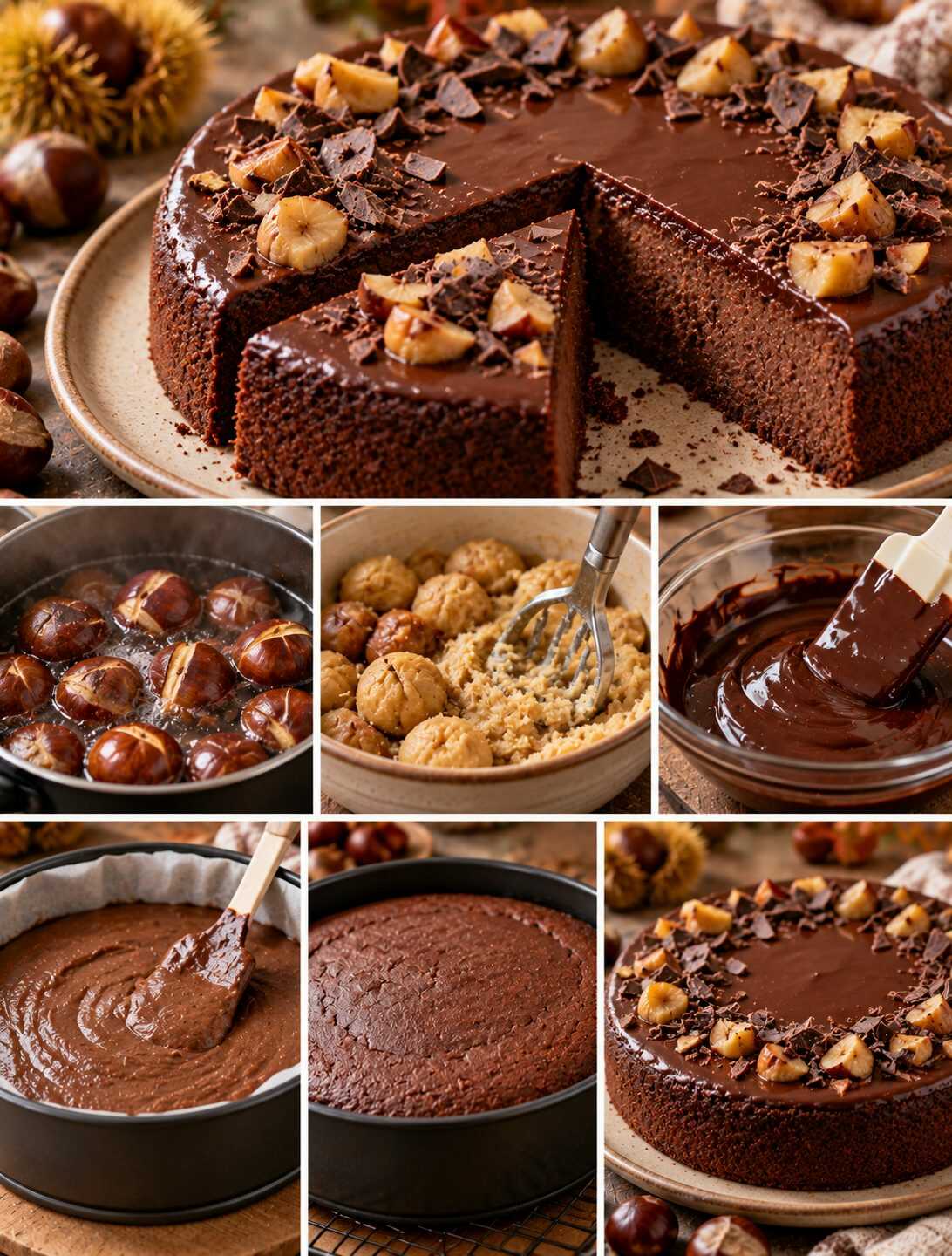 Pastel de castañas y chocolate negro: un postre de otoño de textura suave y sabor intenso, perfecto para aprovechar las castañas de temporada.