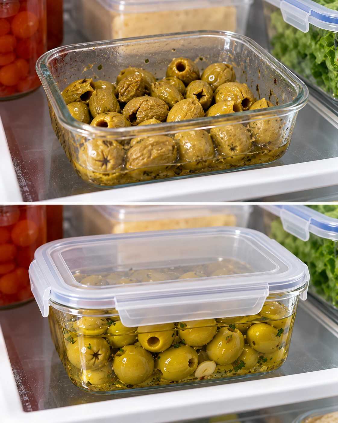 🫒 ¿Las aceitunas abiertas pierden sabor y se arrugan dentro del refrigerador? No las dejes expuestas al aire después de abrir el envase
